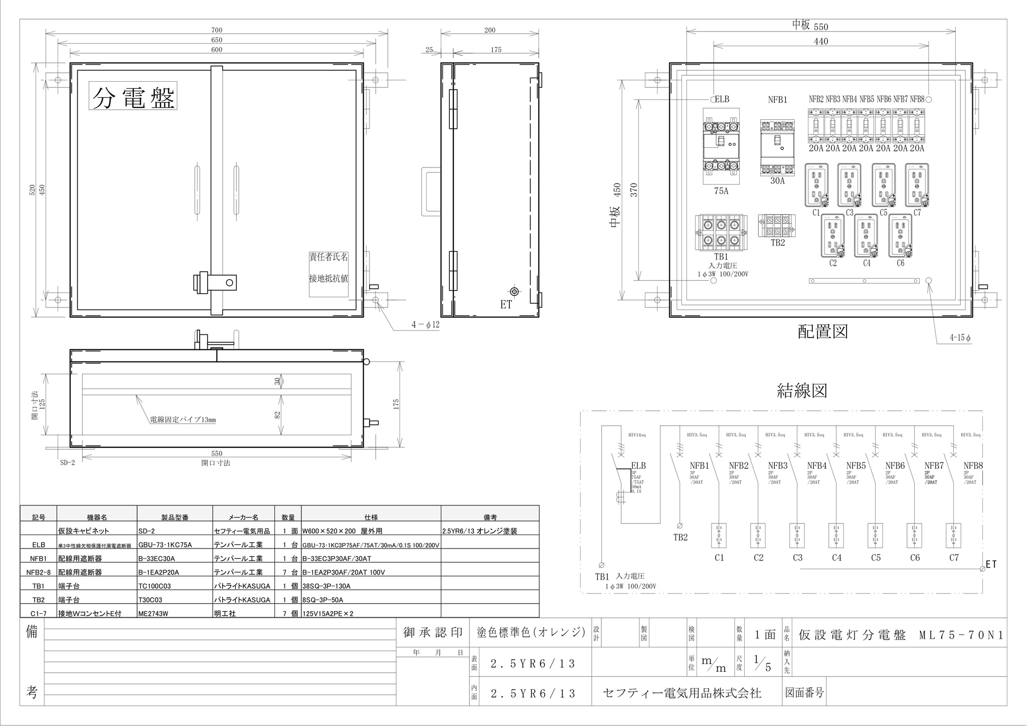 仮設電灯分電盤 メイン75A 8回路（7回路+1）型番：ML75-70N1