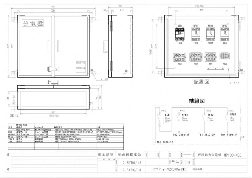 動力仮設分電盤 メイン100A 3回路 図面